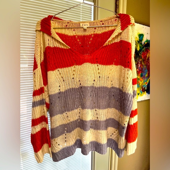 POL Sweaters - POL V-Neck Sweater Red and Cream Striped Knit